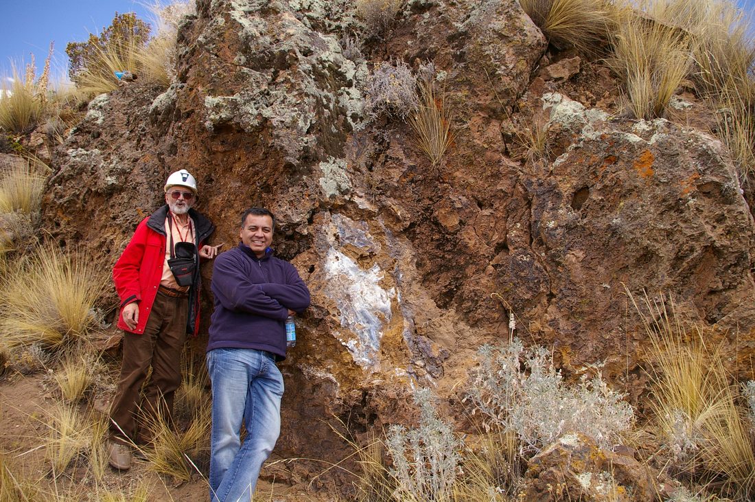 Juan Vegarra at a mineralized outcrop in the Peruvian Andes